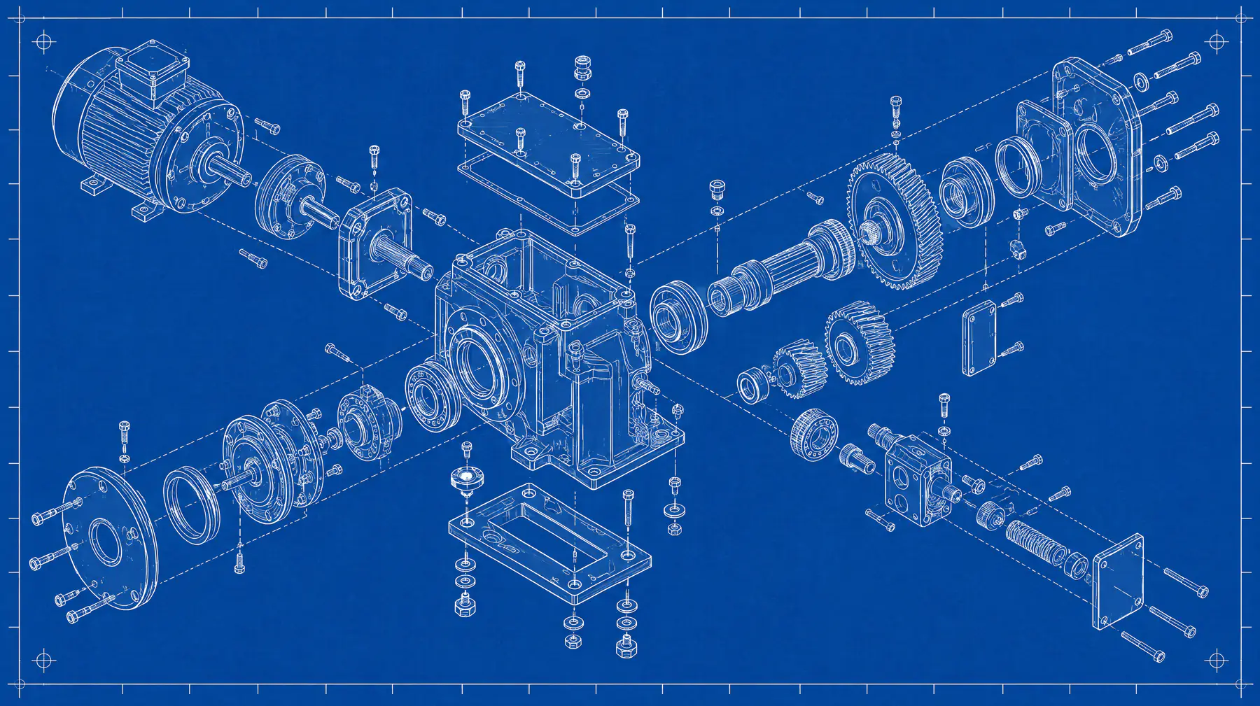 Exploded axonometric of a gearbox assembly, every component floating apart on dashed alignment axes